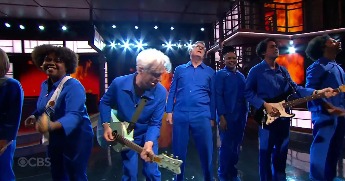 Watch Colbert join David Byrne on "Burning Down the House" on The Late Show