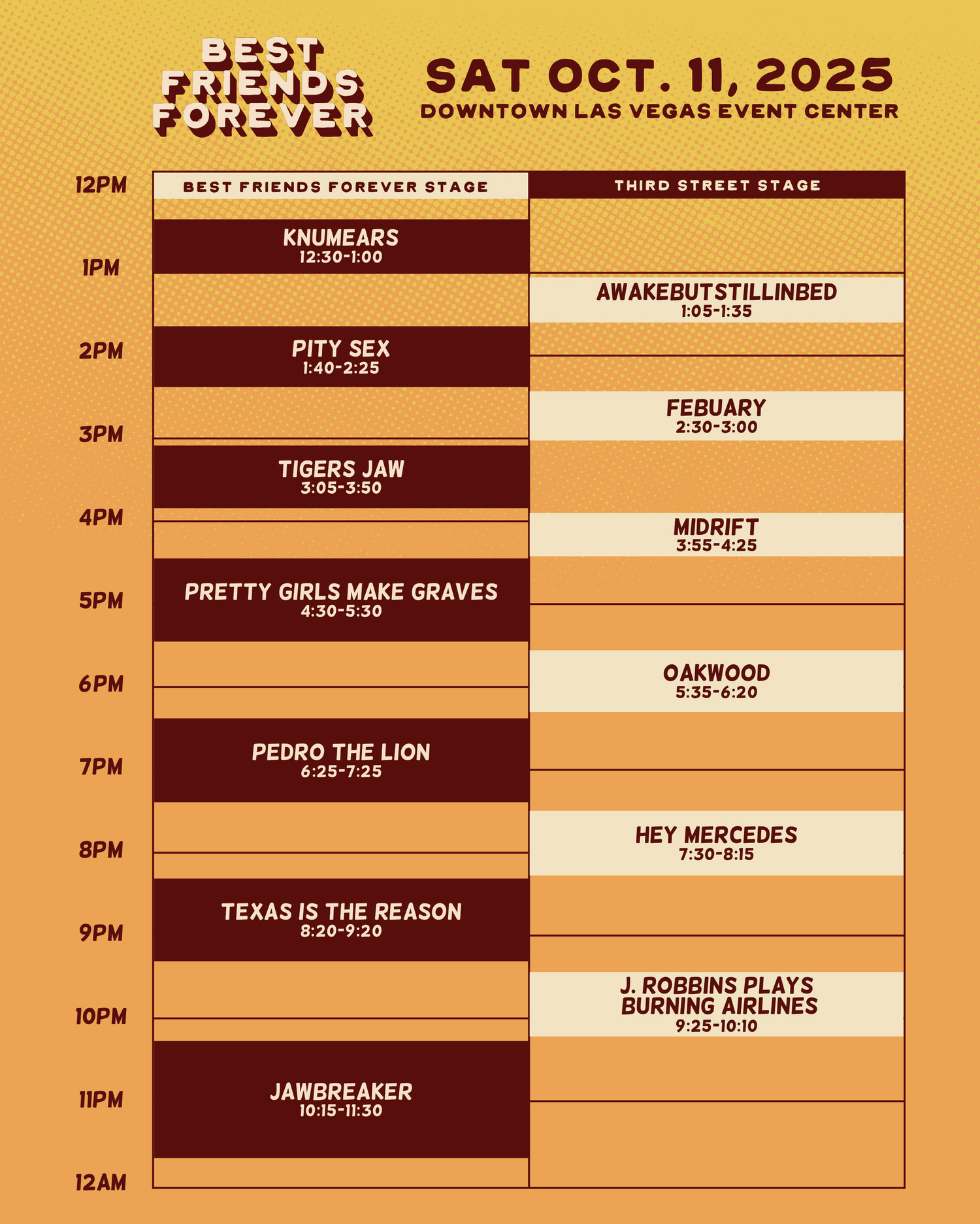 Best Friends Forever 2025 Saturday set times