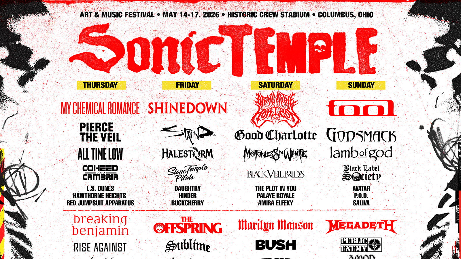 Sonic Temple 2026 lineup (My Chemical Romance, Tool, Megadeth, Offspring, Coheed and Cambria, more)
