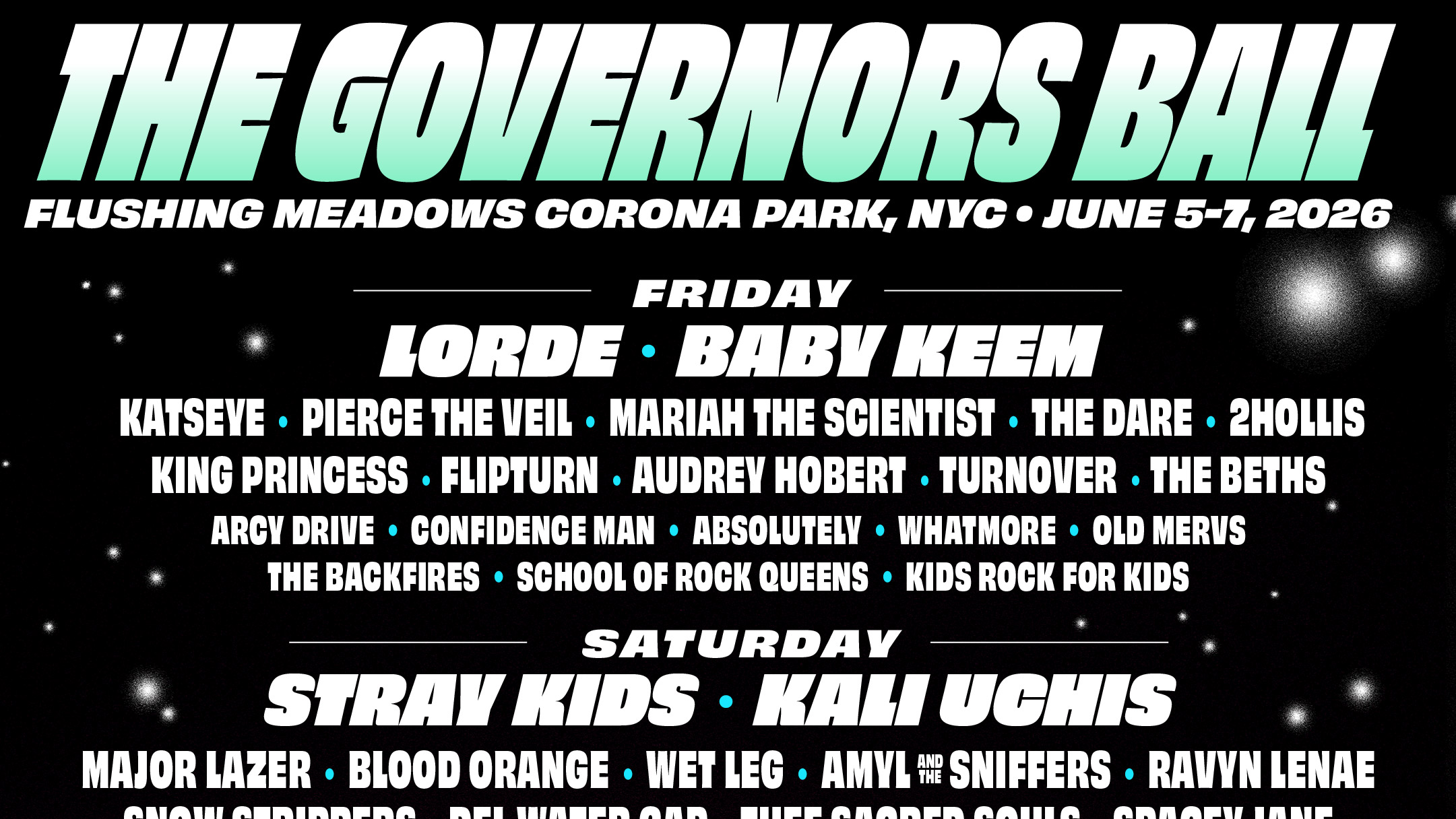 Governors Ball 2026 lineup (A$AP Rocky, Lorde, Geese, Clipse, Amyl, Wet Leg, Turnover & more)